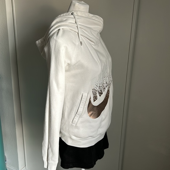 Nike Women’s Rose Gold Nike Swoosh Front Logo Funnel Neck Pullover Hoodie - Picture 3 of 6